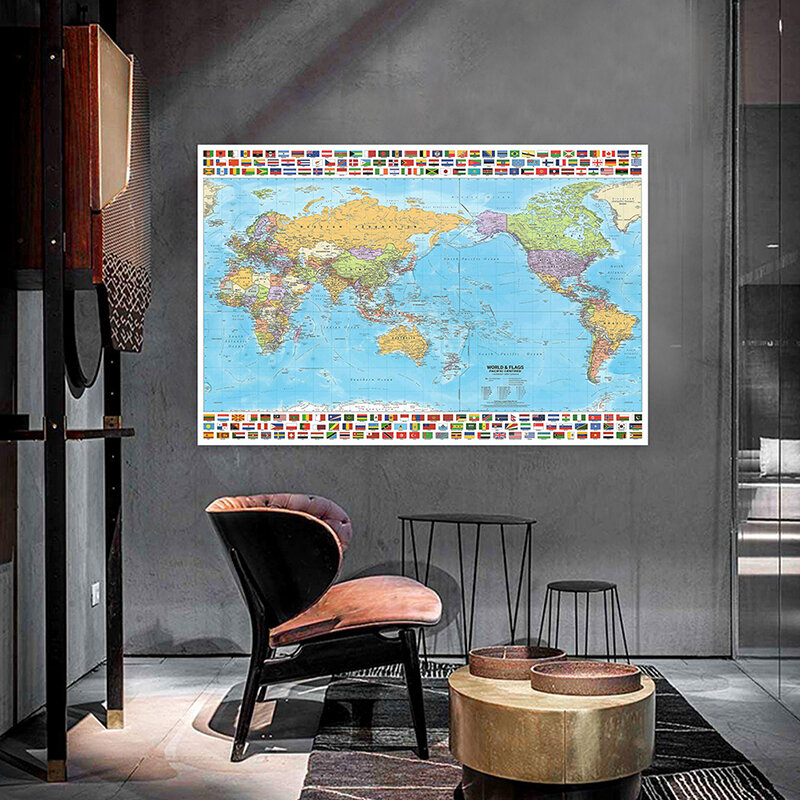 Mapa del mundo de distribución política en inglés, póster artístico con Bandera de País en 120, tabla de pared, decoración del hogar, suministros escolares, 2012x80cm