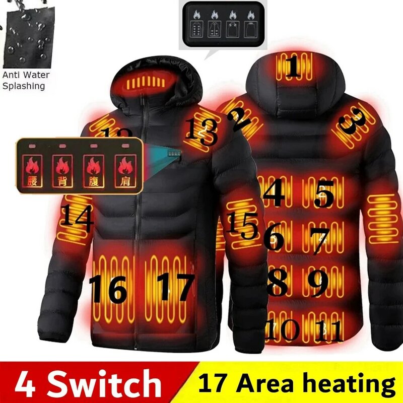 ผู้ชายฤดูหนาว Warm USB 17พื้นที่ความร้อนแจ็คเก็ตเทอร์โมสมาร์ท Pure สี Hooded เสื้อผ้าอุ่นกันน้ำอุ่นแจ็คเก็ต