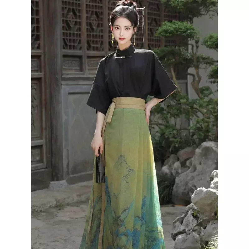 Blusa Hanfu preta elegante de manga curta para mulheres, saia chinesa, cara de cavalo, roupa diária, vestidos de baile