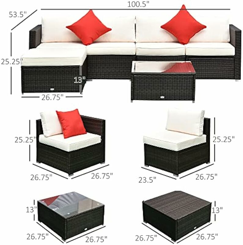 Set Outdoor Wicker Conversation Set All Weather PE Rattan Sectional Sofa Set with Ottoman, Mixed Brown and Cream White