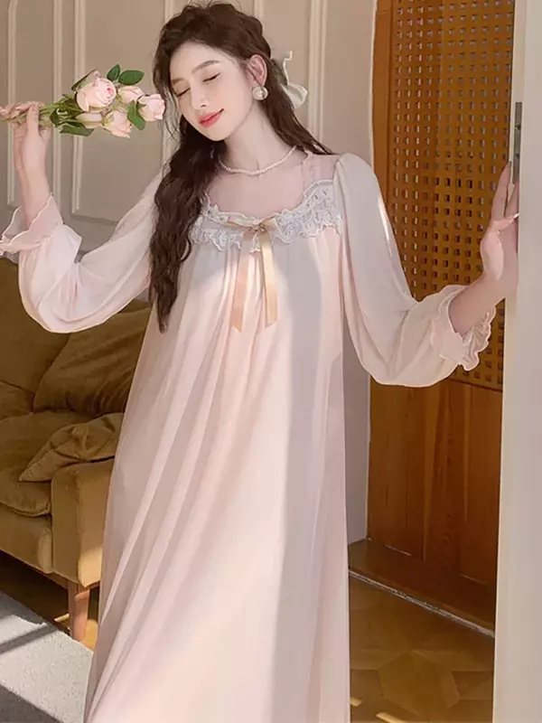 Женская сетчатая пижама в викторианском стиле, ночная рубашка с длинными рукавами и оборками, кружевная ночная сорочка из модала, одежда для сна, домашняя одежда, весна-осень