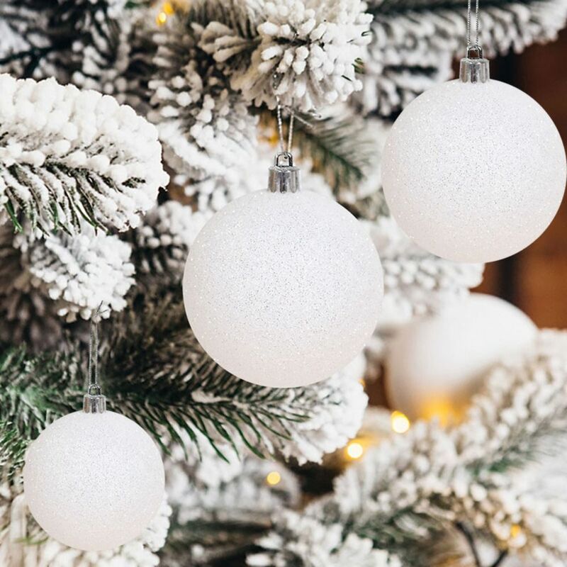 ลูกบอลคริสต์มาสพลาสติก6-8ซม. ลูกแขวนตกแต่งต้นคริสต์มาสลูกบอลแบบแขวนสีขาวคริสต์มาสระยิบระยับปีใหม่