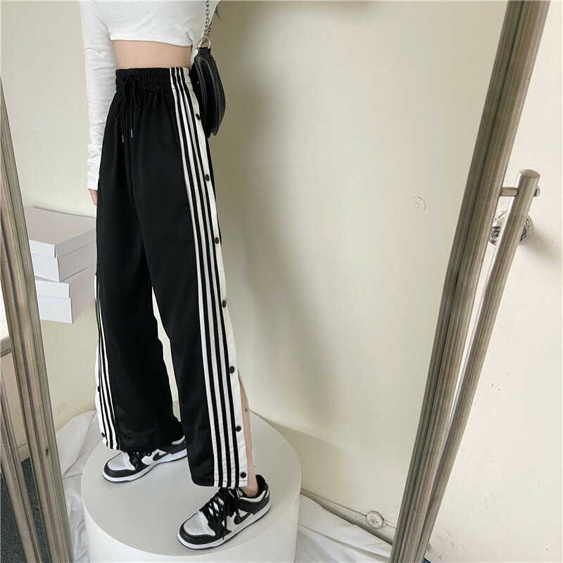 Elastic High Waist Loose Casual Wide-leg Pants Women's Summer New Korean Version Button Loose and Thin Design Slit Pants