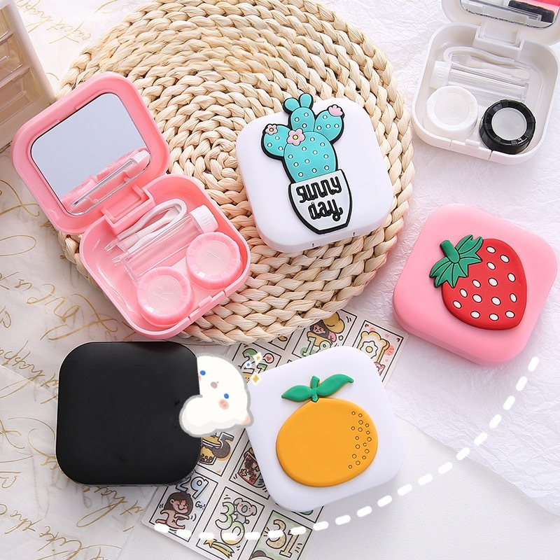Ins Fashion Mini Contact Lenses Box Cartoon Portable Contact Lens Case with Tweezer Suction Stick Set for Travel Kit Holder