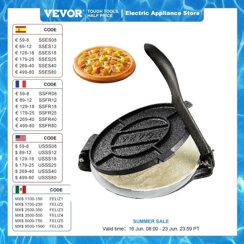 VEVOR 8 Inch Cast Iron Heavy Duty Tortilla Press Pre-Seasoned Maker with 100 Pcs Parchment Paper for Flour Tortilla Tawa Silver