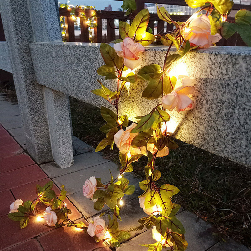 Luzes LED com folha e flor artificiais, guirlanda para decorações de Natal, casa, ao ar livre, festa de casamento, decoração do jardim, presente de ano novo