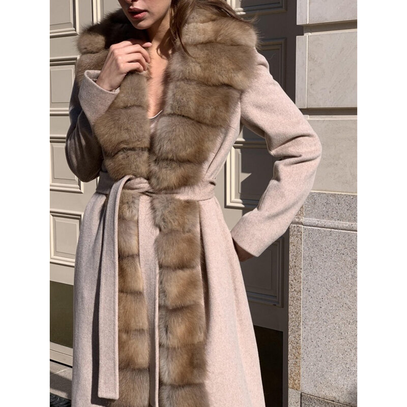女性のための冬の毛皮のコート,本物のキツネの毛皮の襟,ファッショナブルなウールのコート,暖かい冬