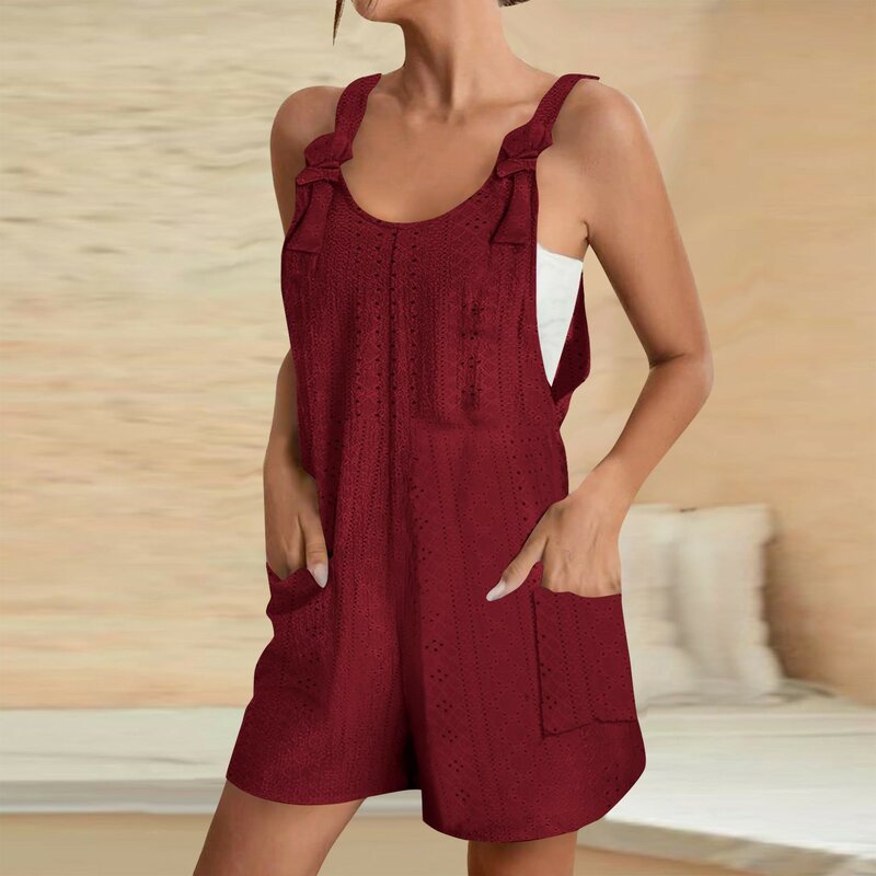 2024 New Women Jumpsuits Summer Shorts Overalls Solid O Neck Knotted Sleeveless Casual Rompers With Pockets Playsuits