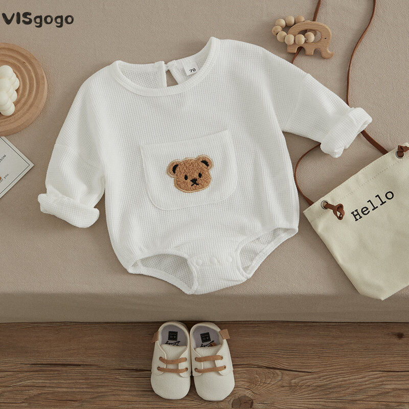 VISgogo Baby Frühling Herbst Strampler Nette Bär Stickerei Langarm Front Tasche Overall Baby Mädchen Jungen Casual Kleidung
