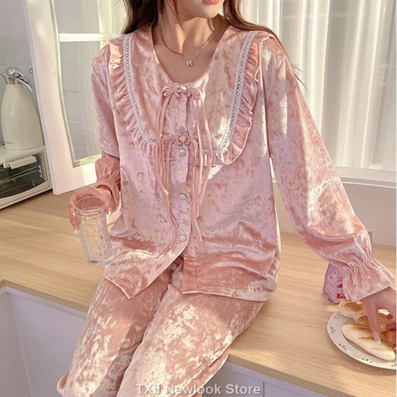 TXii Golden Velvet Long Sleeve Pajamas Women's 2023 New Sweet Princess Style High-end Sense Casual Korean Style Home Suit Autumn