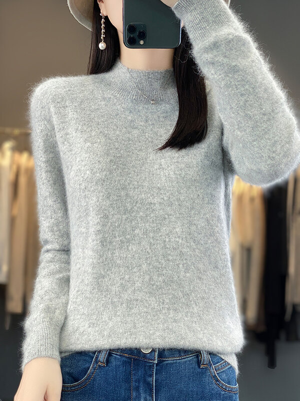 여성용 단색 모크넥 풀오버 스웨터, 100% 밍크 캐시미어 캐주얼 캐시미어 니트웨어, 여성 의류 기본 상의, 가을 겨울