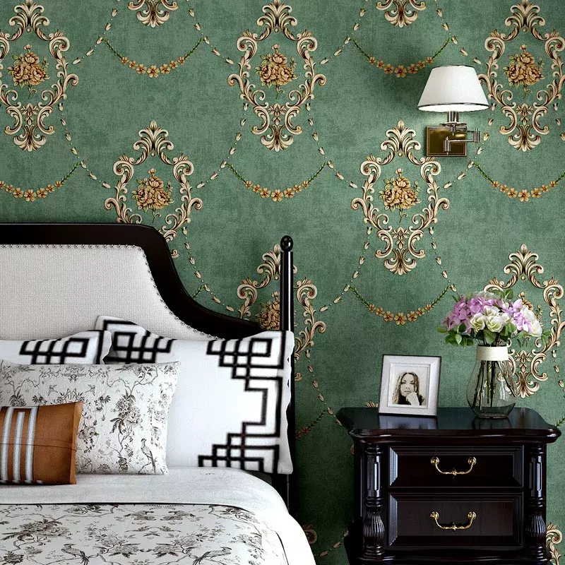 Papel tapiz en relieve 3D de estilo europeo, papel de pared no tejido verde oscuro de Damasco de lujo para dormitorio, sala de estar, Fondo de TV, pared del hogar