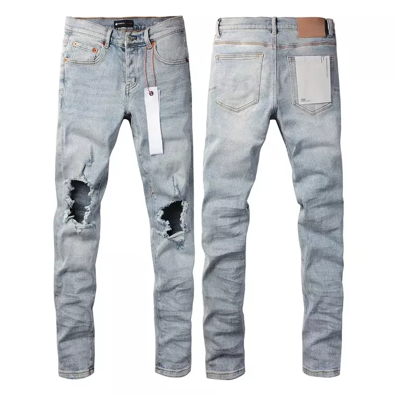 Roxo Roca Marca Jeans com Buracos no Joelho, Azul Claro, Slim Fit, Calças Reparação, Tamanho 28-40, Moda, Qualidade Superior