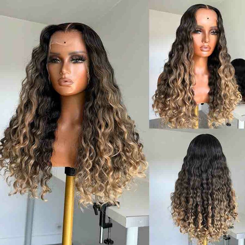 Topodmido-Peluca de cabello brasileño ondulado al agua para mujer, postizo de encaje frontal 13x6, 13x4, encaje sin pegamento, parte media, cierre 4x4