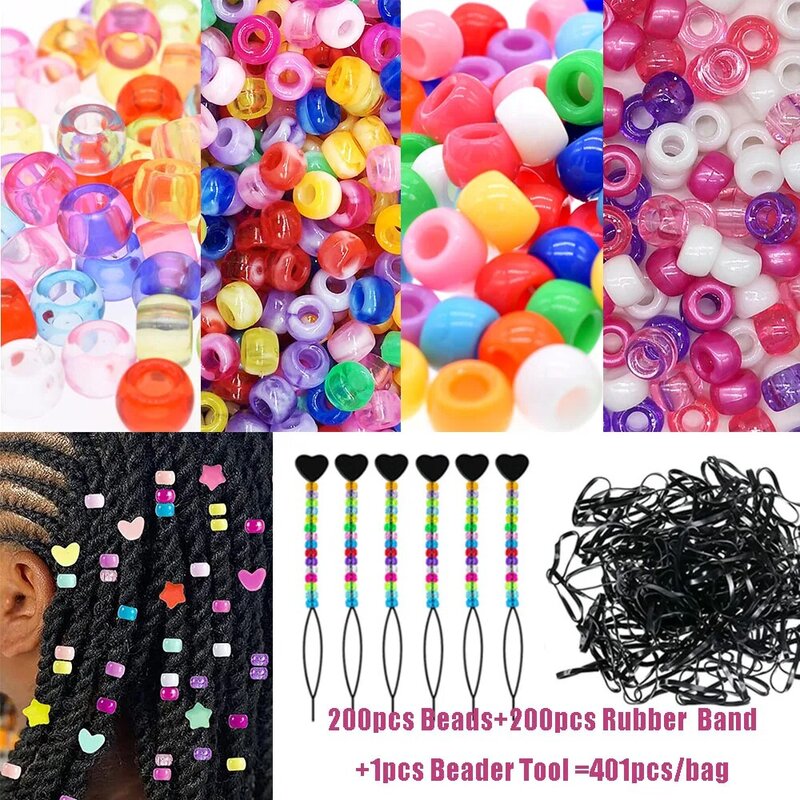 401Pcs/Bag Hair Beads Beading Kits for Kids Hair Acrylic Rainbow Beads Elastic Rubber Bands for Braid for Hair Accessories