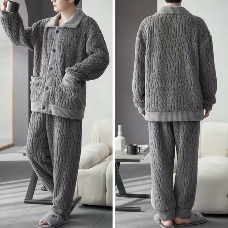Conjunto de pijama de solapa de felpa para hombre, ropa de casa acogedora con cintura elástica, textura de onda de agua, bolsillos cálidos, Invierno