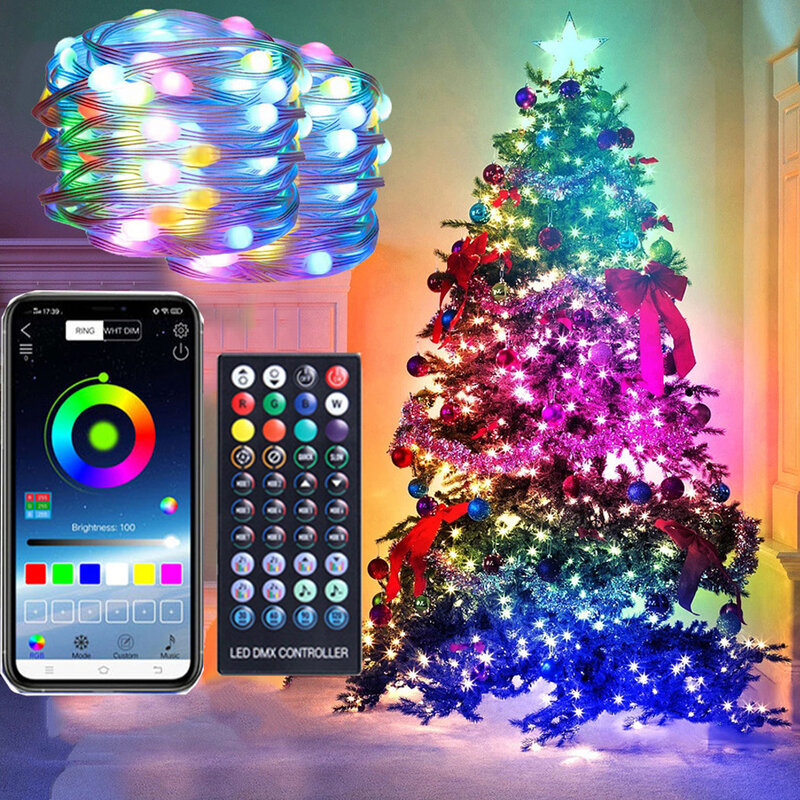 LED Bluetooth lampki świąteczne na sznurku kolor marzeń RGBIC adresowalna girlanda z dekoracją ślubną na imprezę świąteczne lampki świąteczne