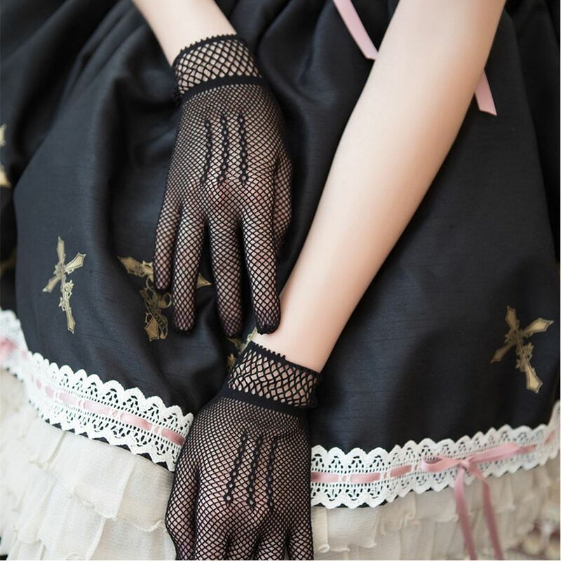 Kostium na studniówkę białe czarne akcesoria na przyjęcie wieczorowe nylonowe siatkowe rękawiczki kabaretki odporne na promieniowanie UV koronkowe rękawiczki panny młodej z palcami