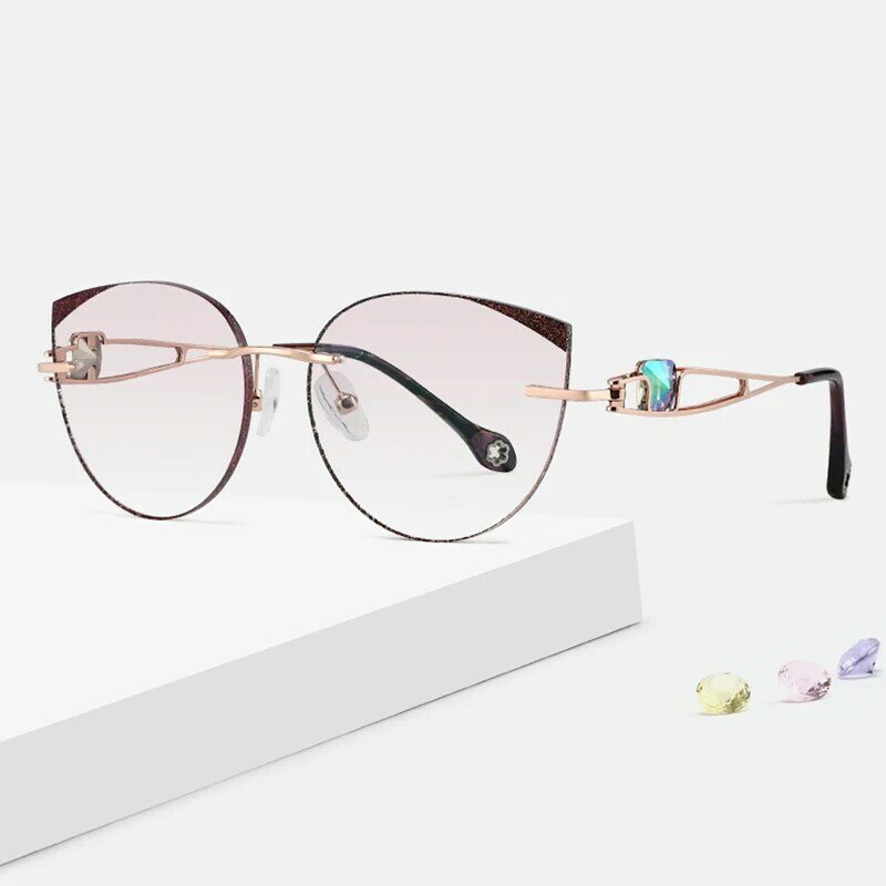 여성용 티타늄 프레임 프로그레시브 컬러 트림 무테 안경, 처방 렌즈 포함, 다이아몬드 선글라스