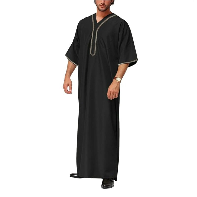 Muslim Men Jubba Thobe Solid Color Button Kimono Middle Robe Saudi Musulman Shirt Stand Collar Islamic Arabic Kaftan Men Abaya