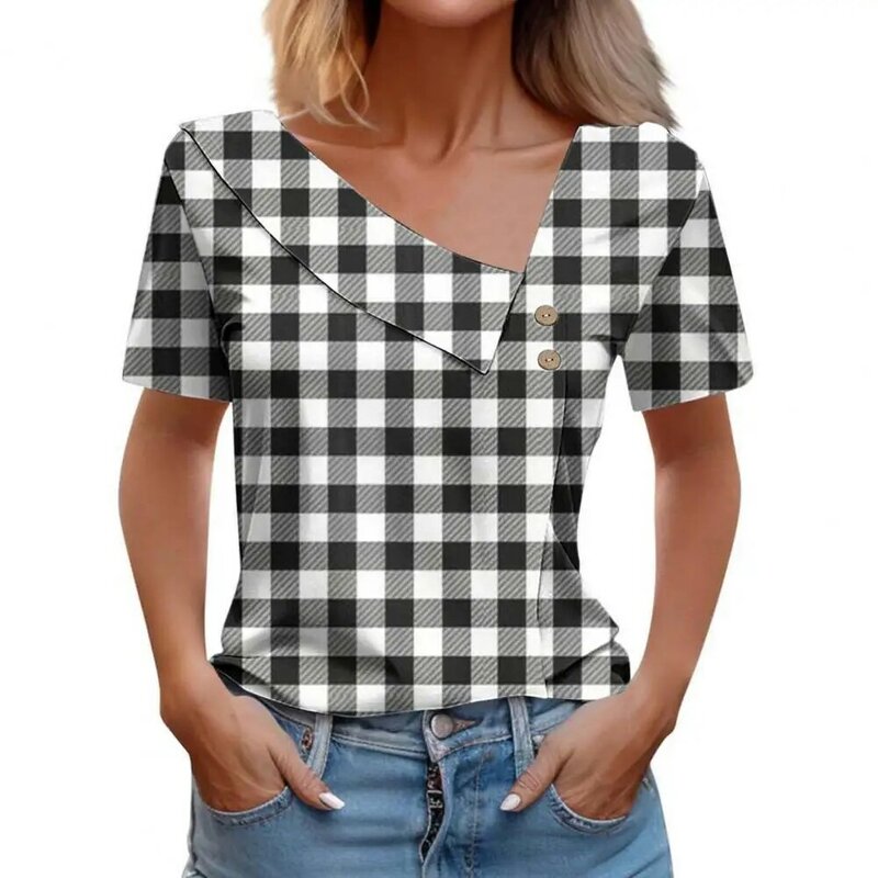 T-shirt à col oblique imprimé à carreaux pour femmes, pull à manches courtes avec décor de boutons, haut streetwear pour femmes