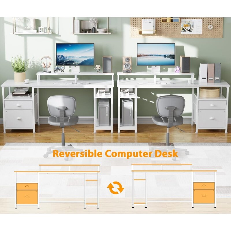 Furologee 61" Computer Desk with Fabric File Cabinet & Drawer, Reversible White Desk with Storage Shelf, Office Desk