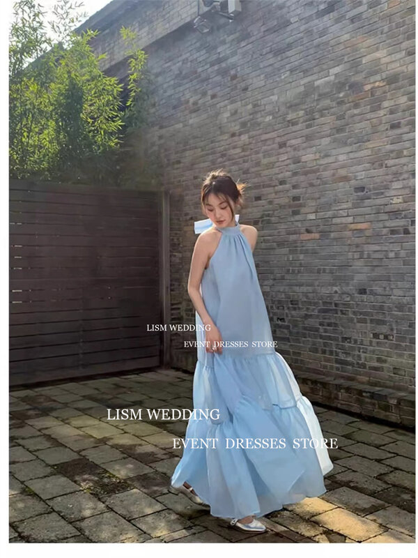 LISM Halter O Neck Sky Blue gaun malam Korea foto tembak kerut pernikahan Prom gaun acara kustom gaun pesta Backless