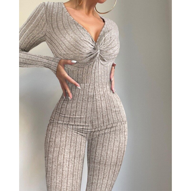 2023 Spring Autumn New Jumpsuits Women's Solid Color High Waist Jumpsuits Women's Sexy Long Sleeve V-neck Slim Pencil Jumpsuits