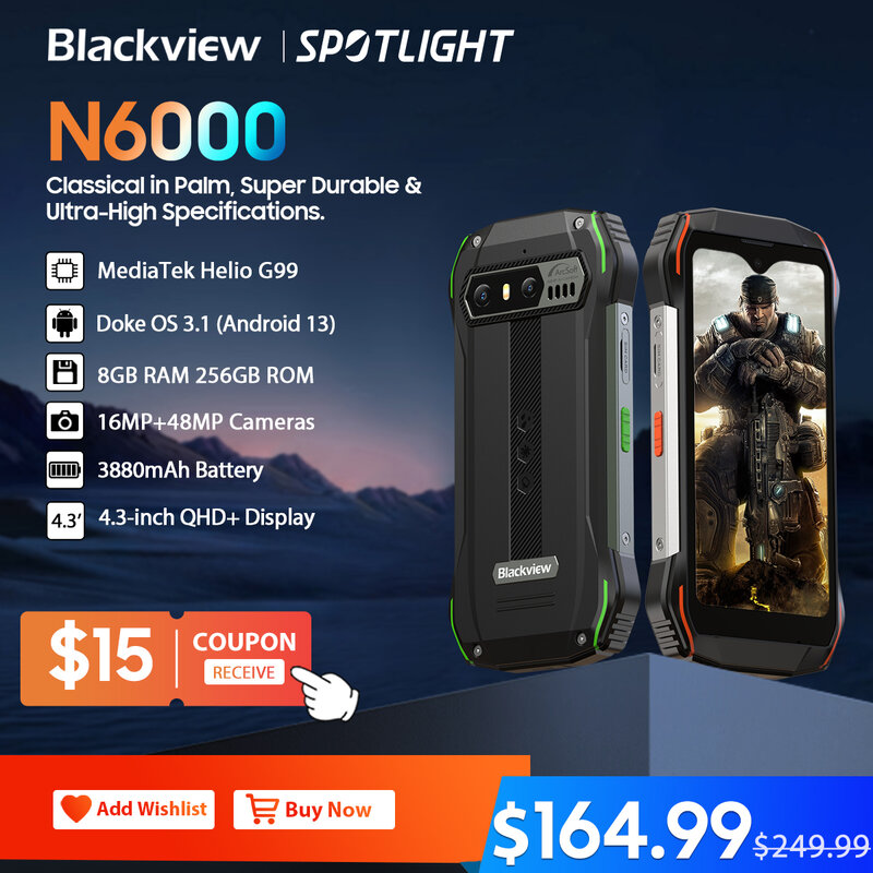 Blackview N6000 견고한 스마트폰, 안드로이드 13 G99 휴대폰, 16GB 256GB 4.3 인치 디스플레이, 48MP 카메라 휴대폰, 월드 프리미어