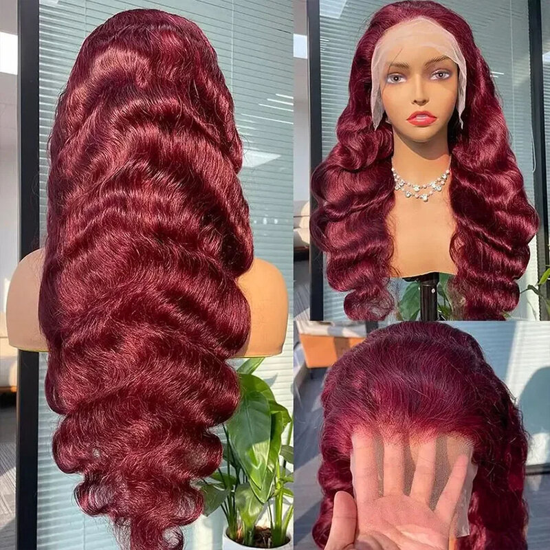 Brazylijski bordowy 99J 13x4 koronkowa fala ciało z przodu ludzkie włosy peruka HD przezroczysta peruki typu Lace Front czerwony kolor Remy peruki dla kobiet
