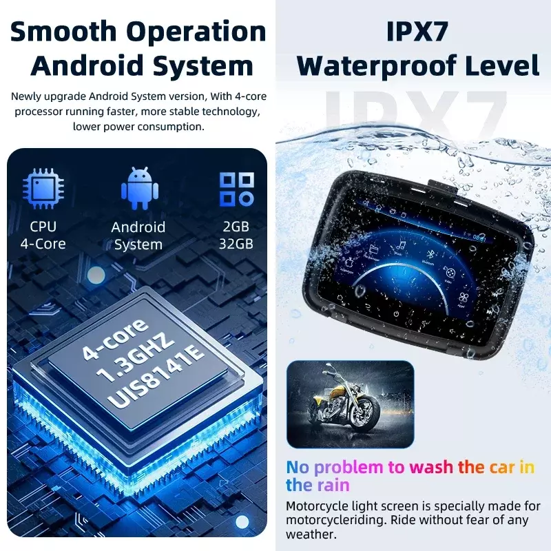 Monitor di navigazione GPS per moto Android 13 da 5 pollici 2 + 32G Wireless Carplay Android Auto MP5 Smart Screen Player Dual Bluetooth