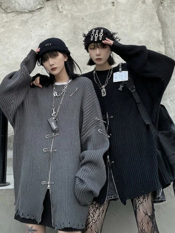 QWEEK Gothic Harajuku ถักขนาดใหญ่ผู้หญิง Pullovers ซิป MODE Korea Streetwear Goth Punk ถัก Top 2022ฤดูใบไม้ร่วง