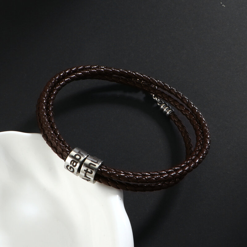Gepersonaliseerde Mannen Armbanden Custom Rvs Kralen Lederen Armbanden Cadeau Voor Vriendje Vader