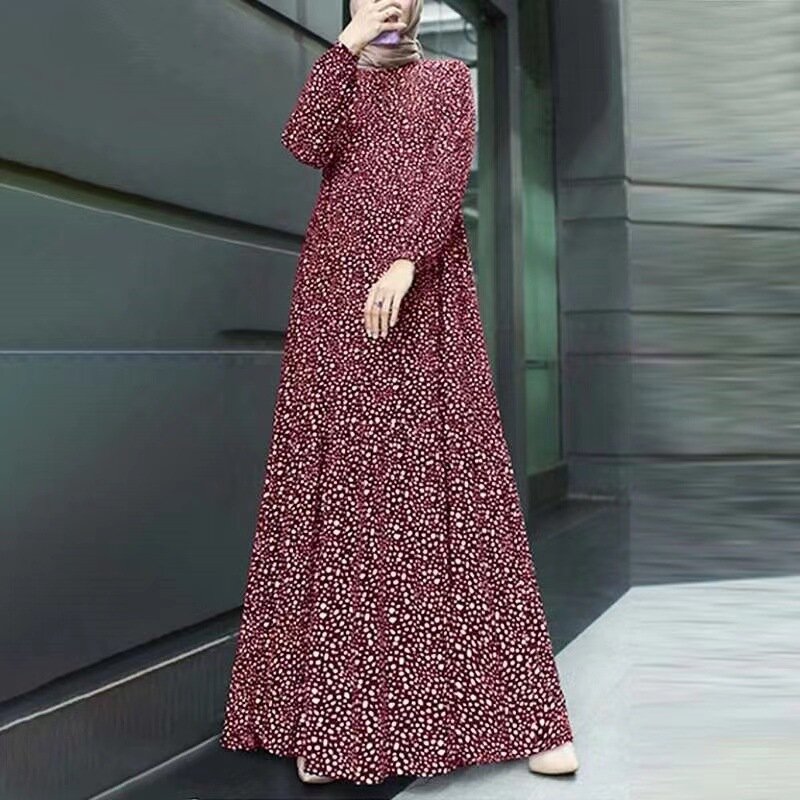 New Moroccan Middle Eastern Muslim Islamic Comfortable and Casual Polka Dot Long Sleeve Pullover Loose Waist Long Dress