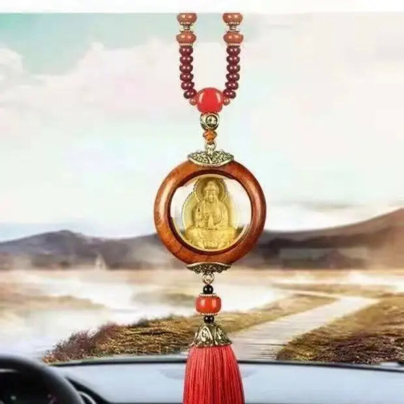 Huali-Colgante de madera chapada en oro Guanyin para coche, colgante de espejo retrovisor seguro, se nutre y sale de una bendición