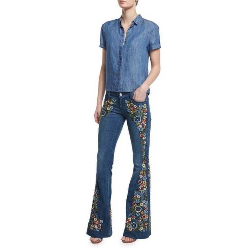 Женские винтажные джинсы с цветочной вышивкой, модные облегающие брюки с завышенной талией и пуговицами, женские расклешенные джинсовые брюки