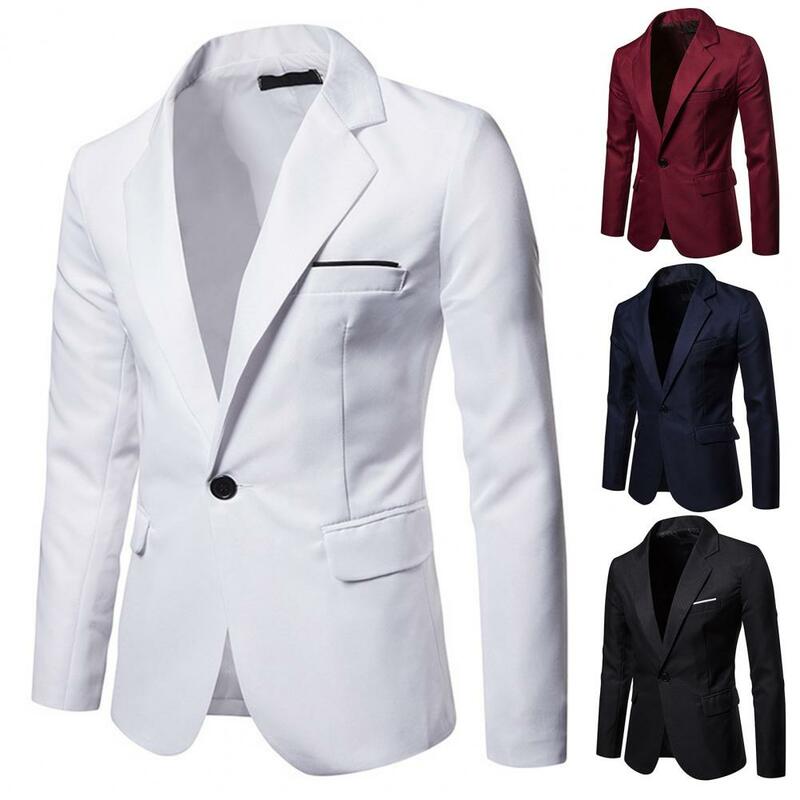 Blazer de manga comprida masculino, casaco cor pura, jaqueta bolsos, outwear elegante, todos os jogos