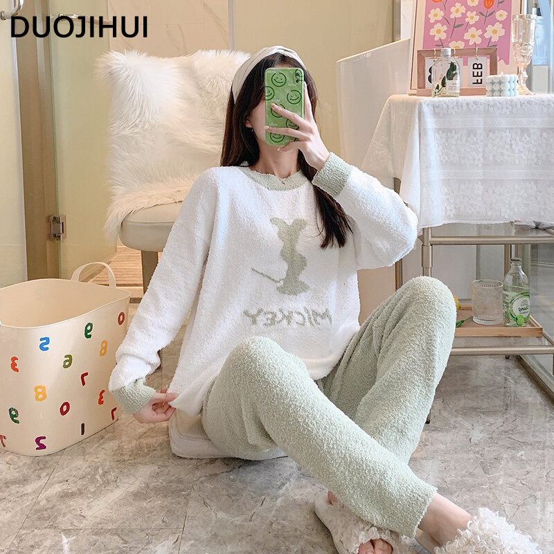DUOJIHUI Chicly Letter Printing Spell Color Female Pajamas Set Winter Basic O-neck Pullover Loose Pant Fashion Pajamas for Women