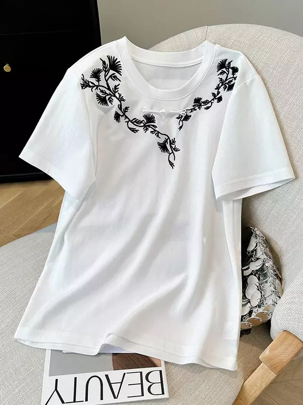 Camiseta informal holgada blanca para mujer, blusa holgada ajustada china, Top básico con cuello redondo para mujer