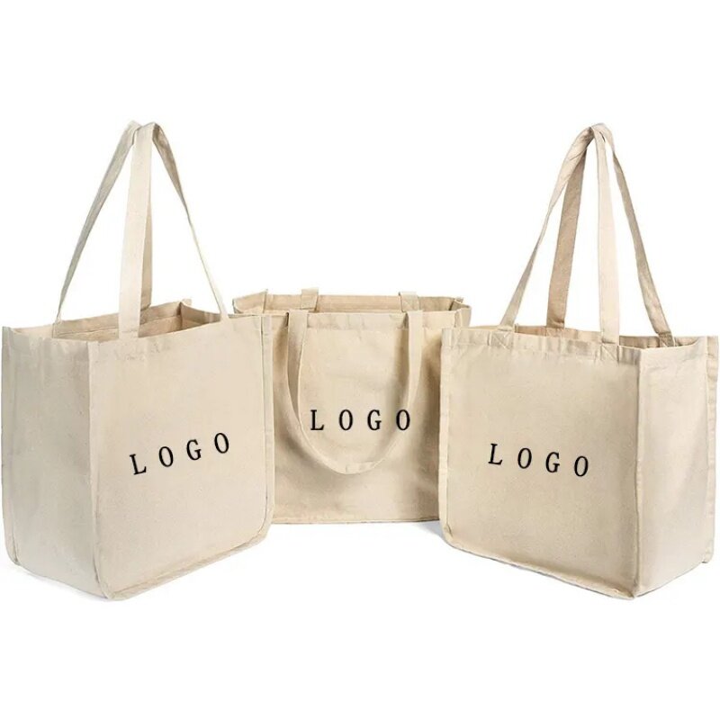 Sacola de lona de algodão com alças de couro, Eco Friendly, logotipo personalizado impresso, reciclável