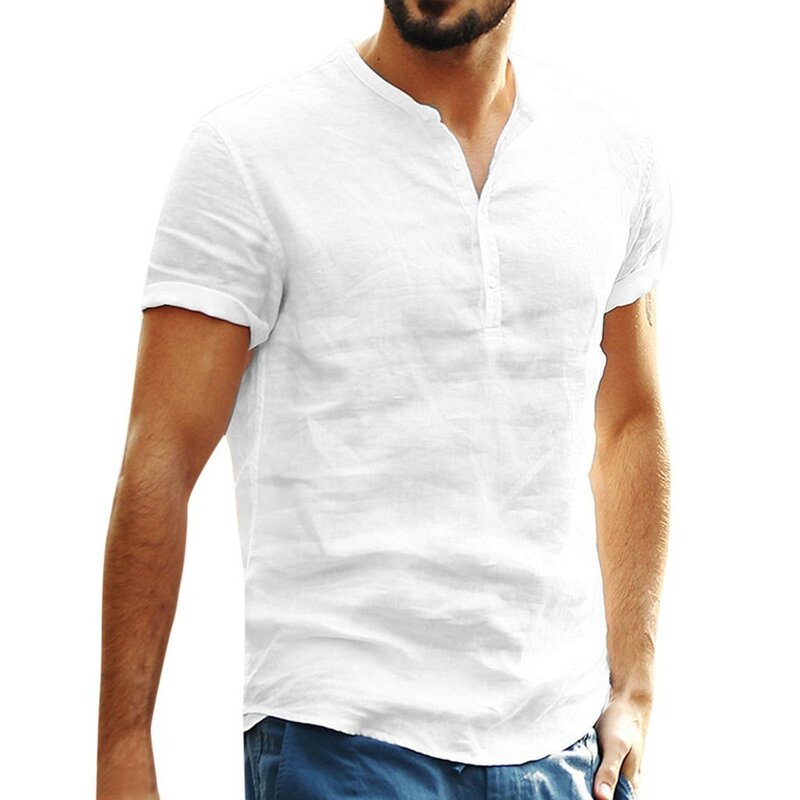Men's Solid Color Cotton And Linen Comfortable Short Sleeved Shirt Blouses Round Neck Button Simplicity Shirt Tops For Male