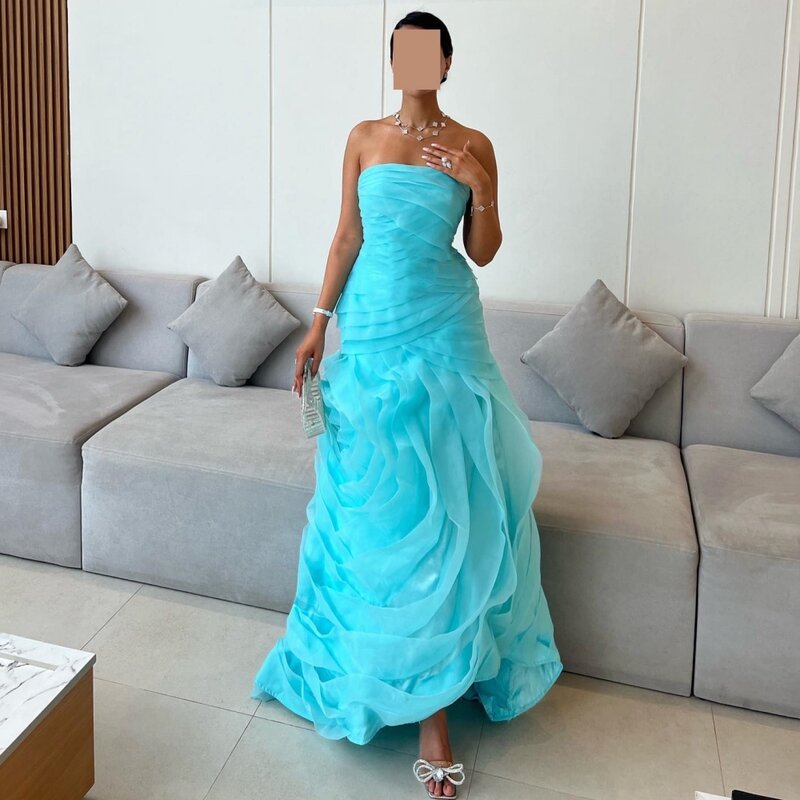Prom Dress Avond Organza Plooi Prom A-Line Strapless Op Maat Gemaakte Gelegenheidsjurk Lange Jurken Saudi-Arabië
