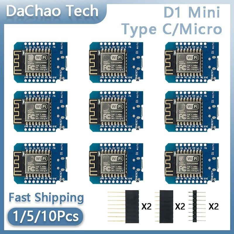 Placa de desenvolvimento D1 Mini Nodemcu, Lua Iot Board, 3.3V Met Pins, USB Wemos, ESP8266, ESP-12, ESP-12F, CH340, V2