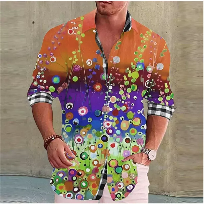 Modna koszula męska z długim rękawem do klapy w kolorze kwiatowy designerski wzór płaszcz na co dzień koszula miękka wygodna jedwabista męska bluzka 2023 nowość