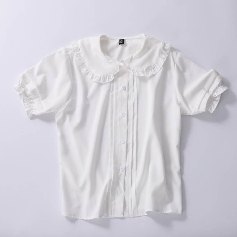 Белая рубашка HOUZHOU, Kawaii, с воротником Питер Пэн, в стиле преппи, женские милые топы с коротким рукавом и оборками, 2021, модная одежда
