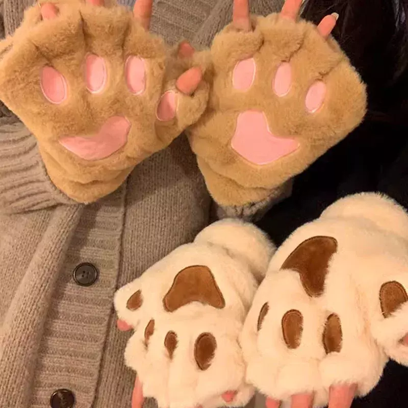 Women's Girls' Cat Claw Paw Plush Mittens Warm Soft Plush Short Fingerless Fluffy Bear Cat Gloves Costume Half Finger Party Gift