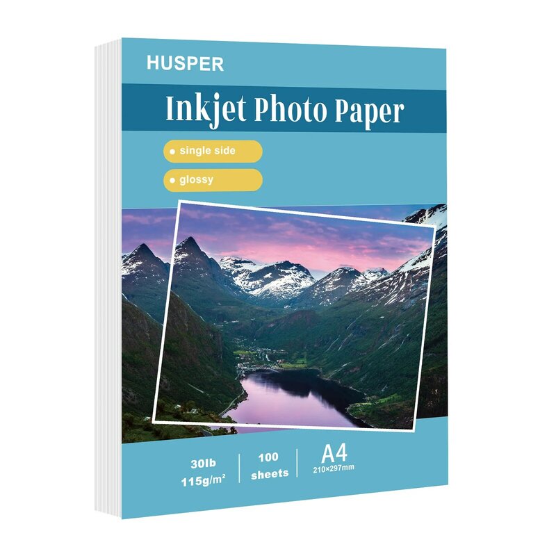 HUSPER kertas Printer Inkjet tipis mengkilap, 8.3x11.7 inci A4 100 lembar cocok dengan Printer Inkjet menggunakan tinta pewarna 115gsm