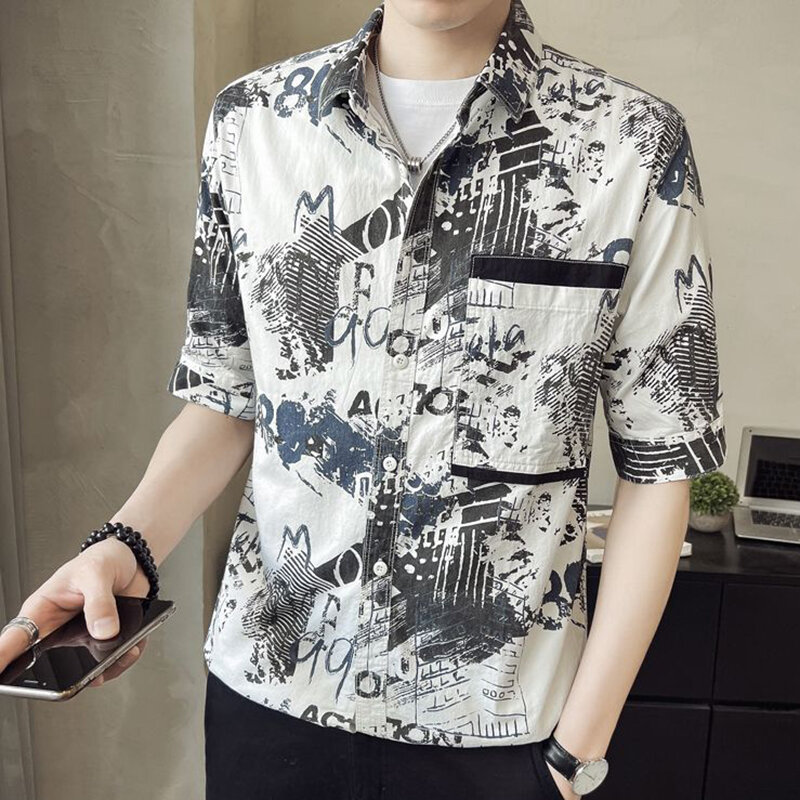 Vintage Printed Lapel Button Pockets All-match Punk Shirt Men's Clothing 2024 Summer New Oversized Korean Tops Casual Shirts