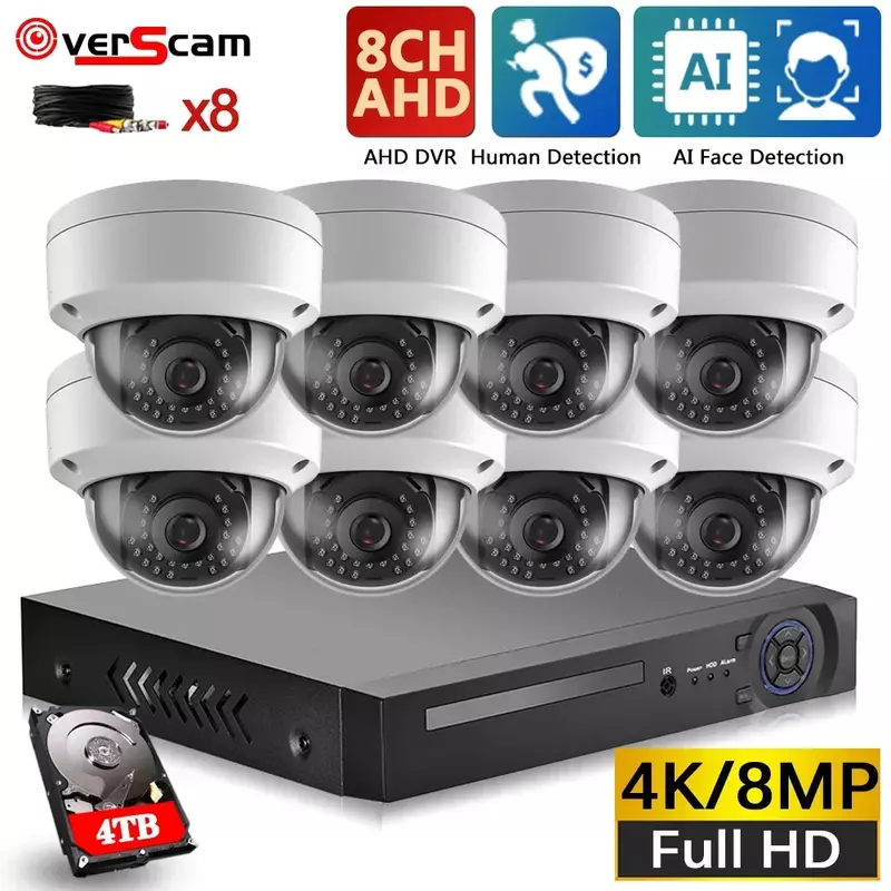 CCTV Home Security Camera System, 4K 8 Canal Kit DVR, Detecção de Rosto, Câmera Dome AHD, Video Surveillance Alarm System Kit, 8CH
