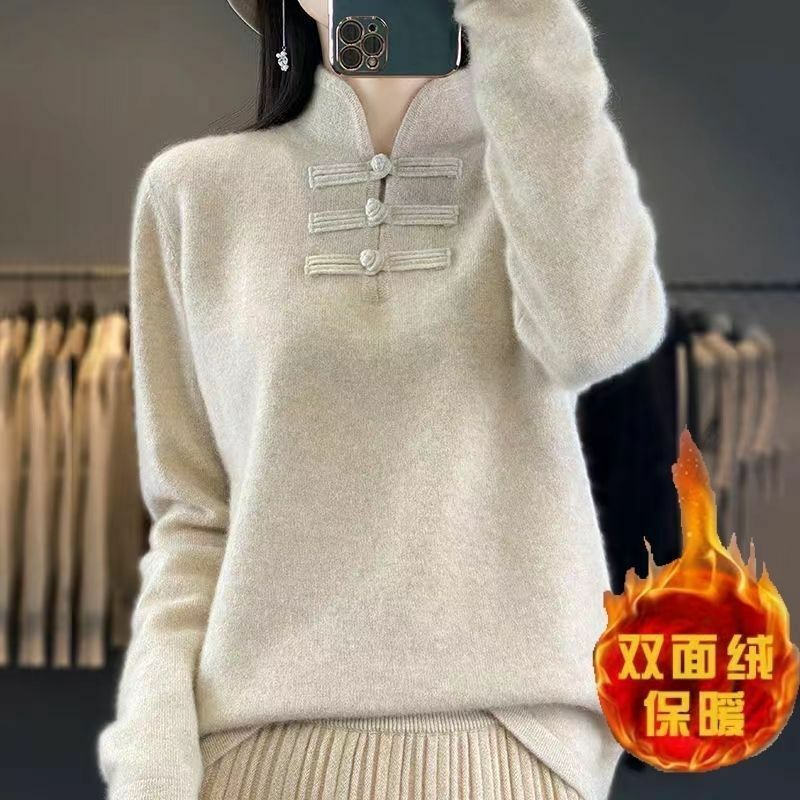 Women's Autumn and Winter New Half High Neck Loose Solid Color Fashion Chinese Style Qipao Retro Pan Button Long Sleeved Tops